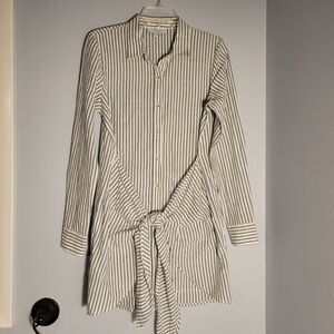 L' Academie Shirt Dress Womens White Gray Striped Button Up Front Tie Sz S
